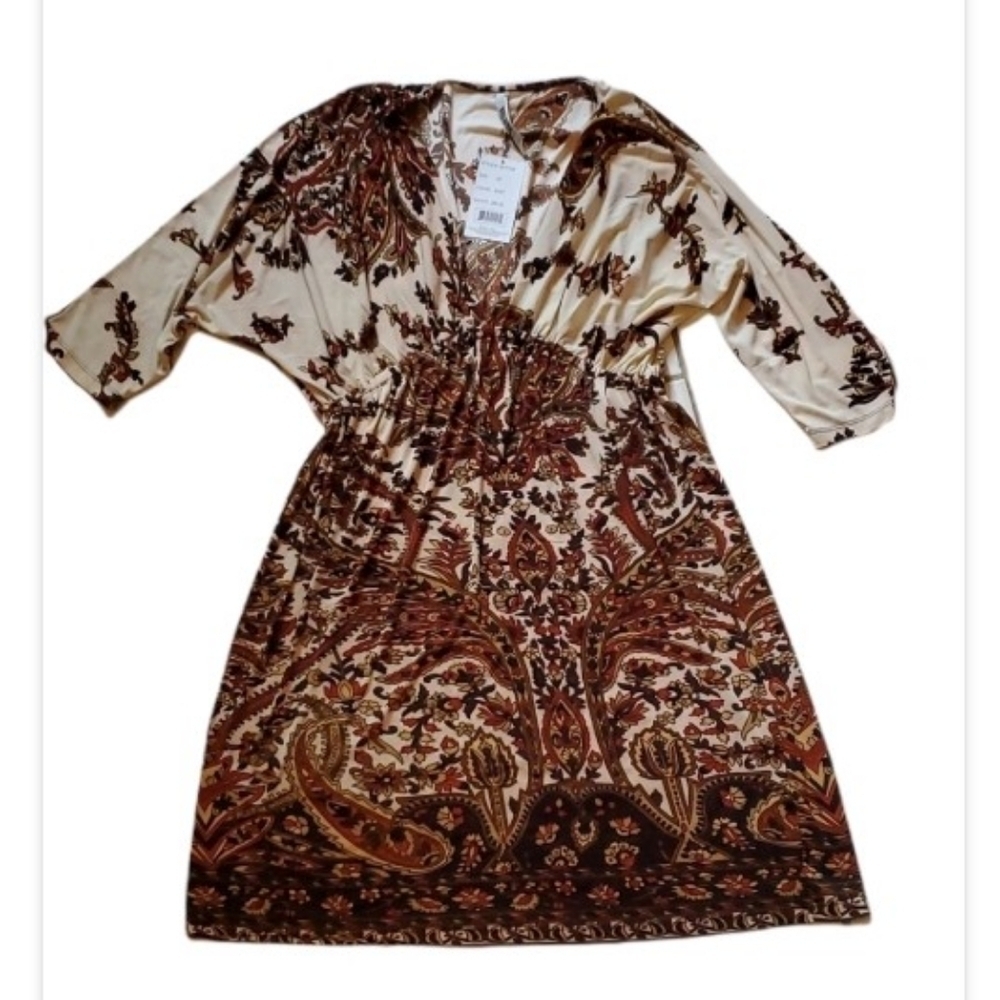 Relaxx Exist Dress Size 2X Brown Ivory Floral Boho Festival New